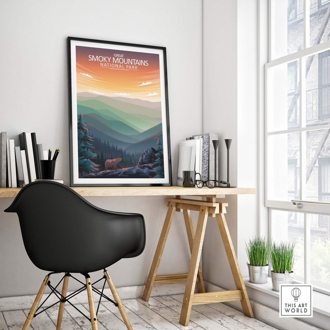Great Smoky Mountains National Park poster displayed in a stylish office setting, showcasing minimalist outdoor art.