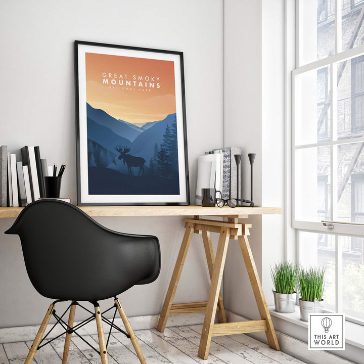 Great Smoky Mountains art print displayed in a modern office setting with stylish chair and desk decor.