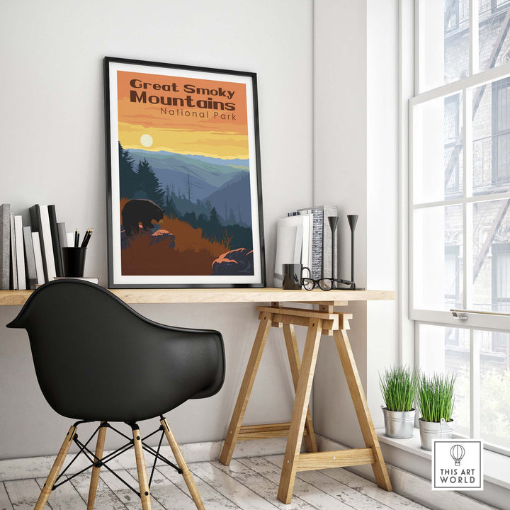 Great Smoky Mountains National Park print displayed in a modern office setting, evoking vintage travel art.