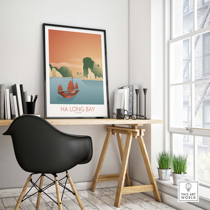 Ha Long Bay Wall Art Vietnam Print displayed in a stylish home office, showcasing vintage travel poster style.