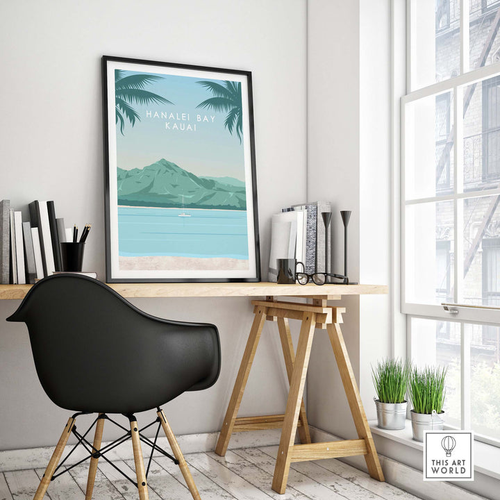Kauai Print Wall Art Poster featuring Hanalei Bay in a stylish office setting with a modern chair.