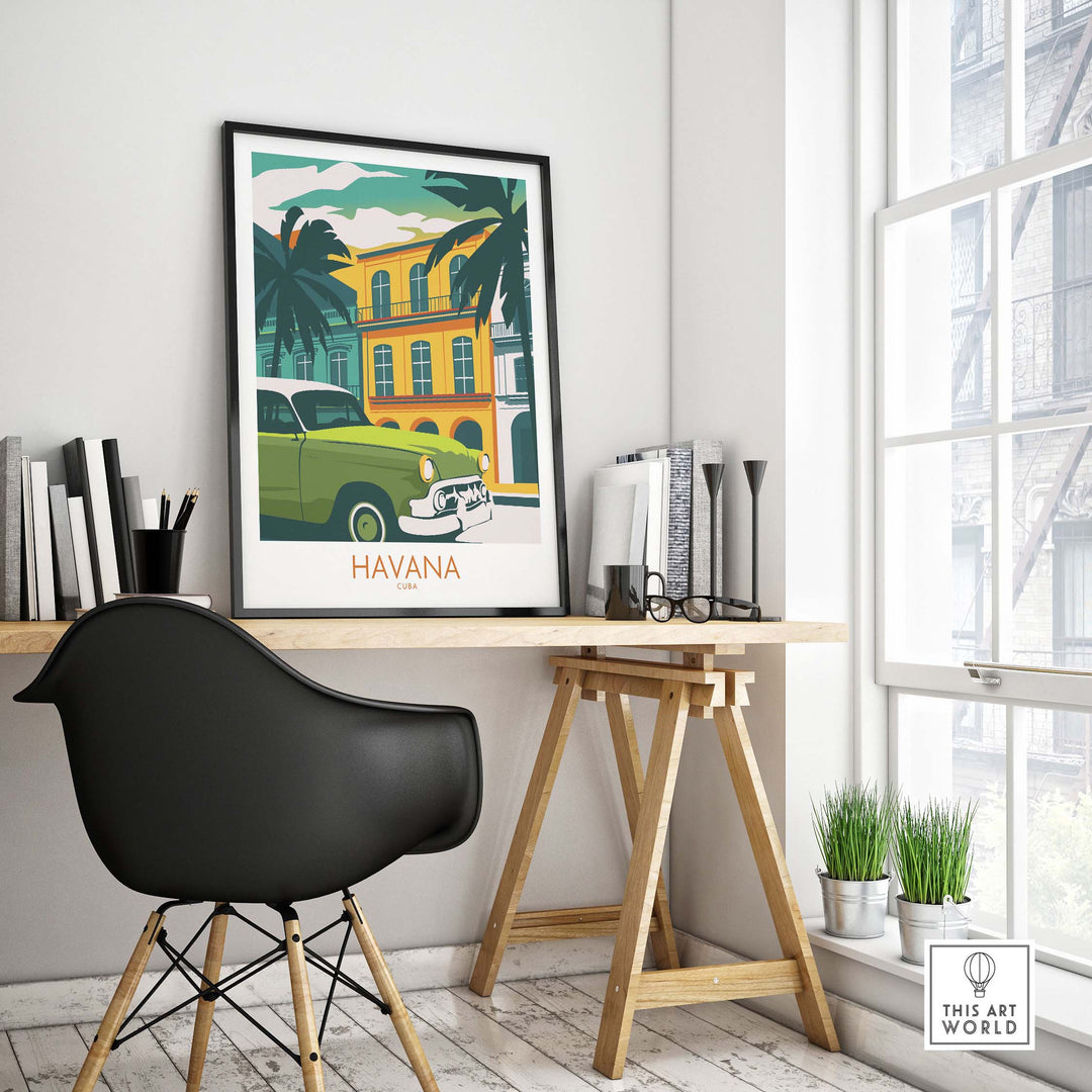 Havana Cuba poster print displayed in a stylish office with vintage car and tropical scenery, perfect for travel enthusiasts.