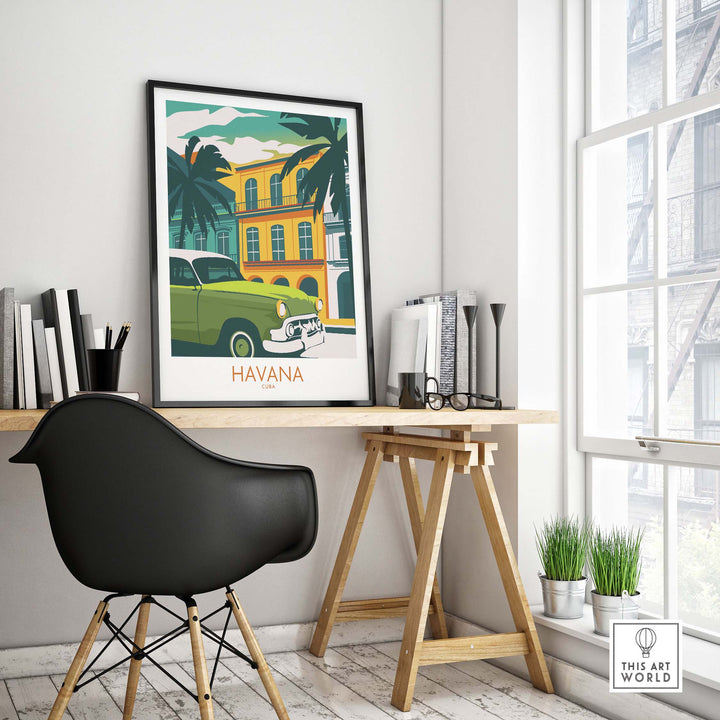 Havana Cuba poster print displayed in a stylish office with vintage car and tropical scenery, perfect for travel enthusiasts.
