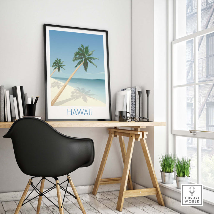 Hawaii Beach Wall Art Print featuring palm trees and serene ocean, perfect for home or office decor.