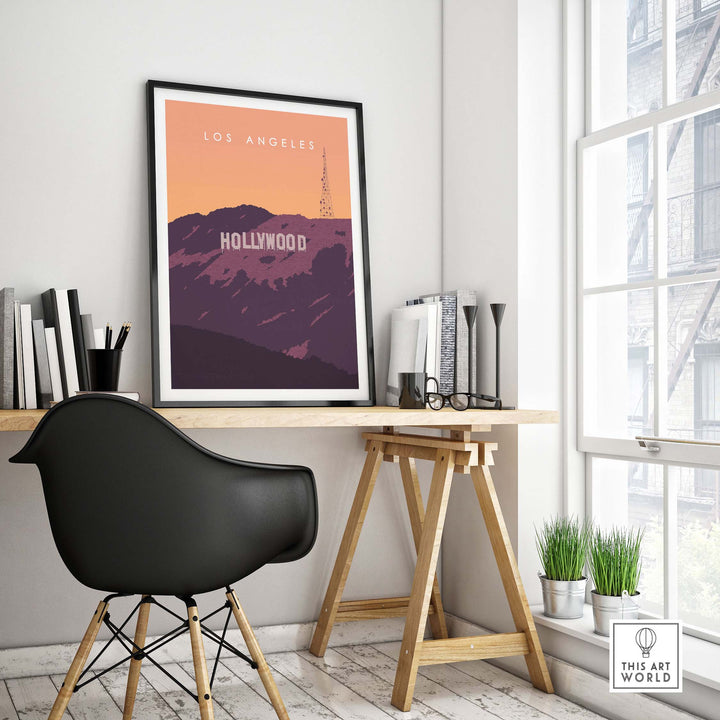 Hollywood Sign Print Wall Art Poster in stylish home office setting, inspired by vintage Los Angeles travel art.