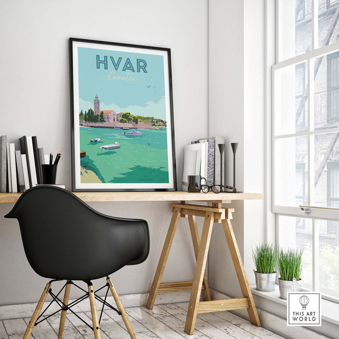 Hvar Croatia print poster wall art displayed in a modern home office setting with stylish decor.