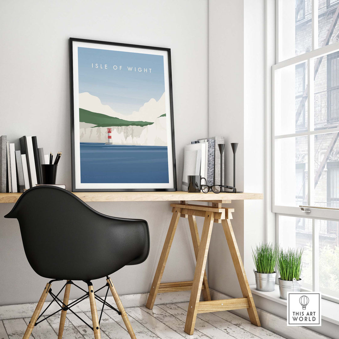 Isle of Wight wall art poster displayed in a modern workspace with chair and desk, showcasing vintage travel design.