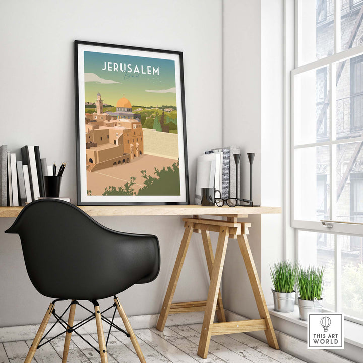 Jerusalem travel poster print displayed in a modern office setting, showcasing minimalist vintage art.
