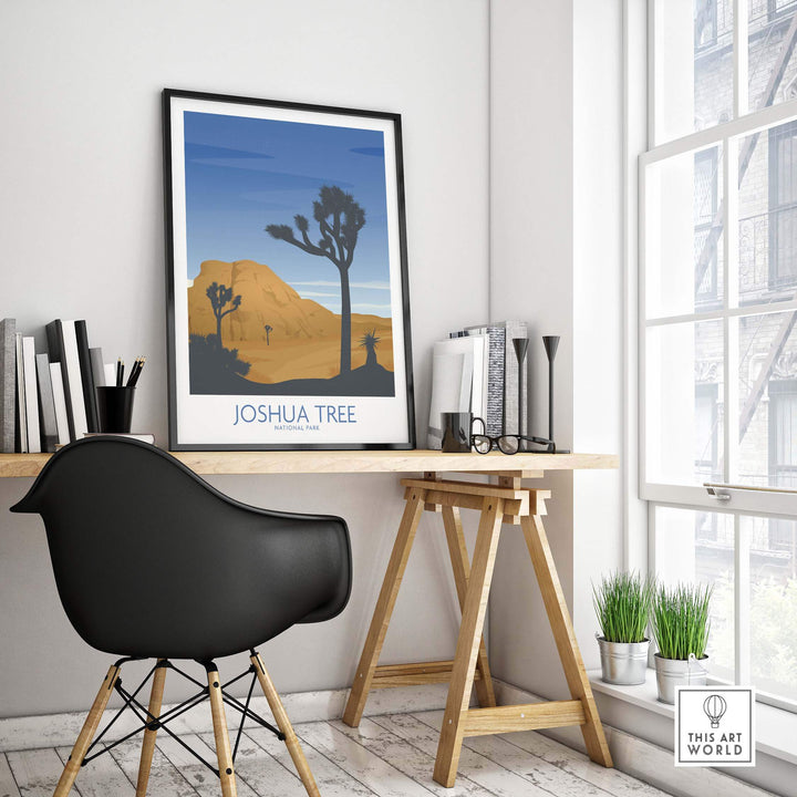 Joshua Tree National Park art print displayed in a stylish home office setting with minimalist decor.