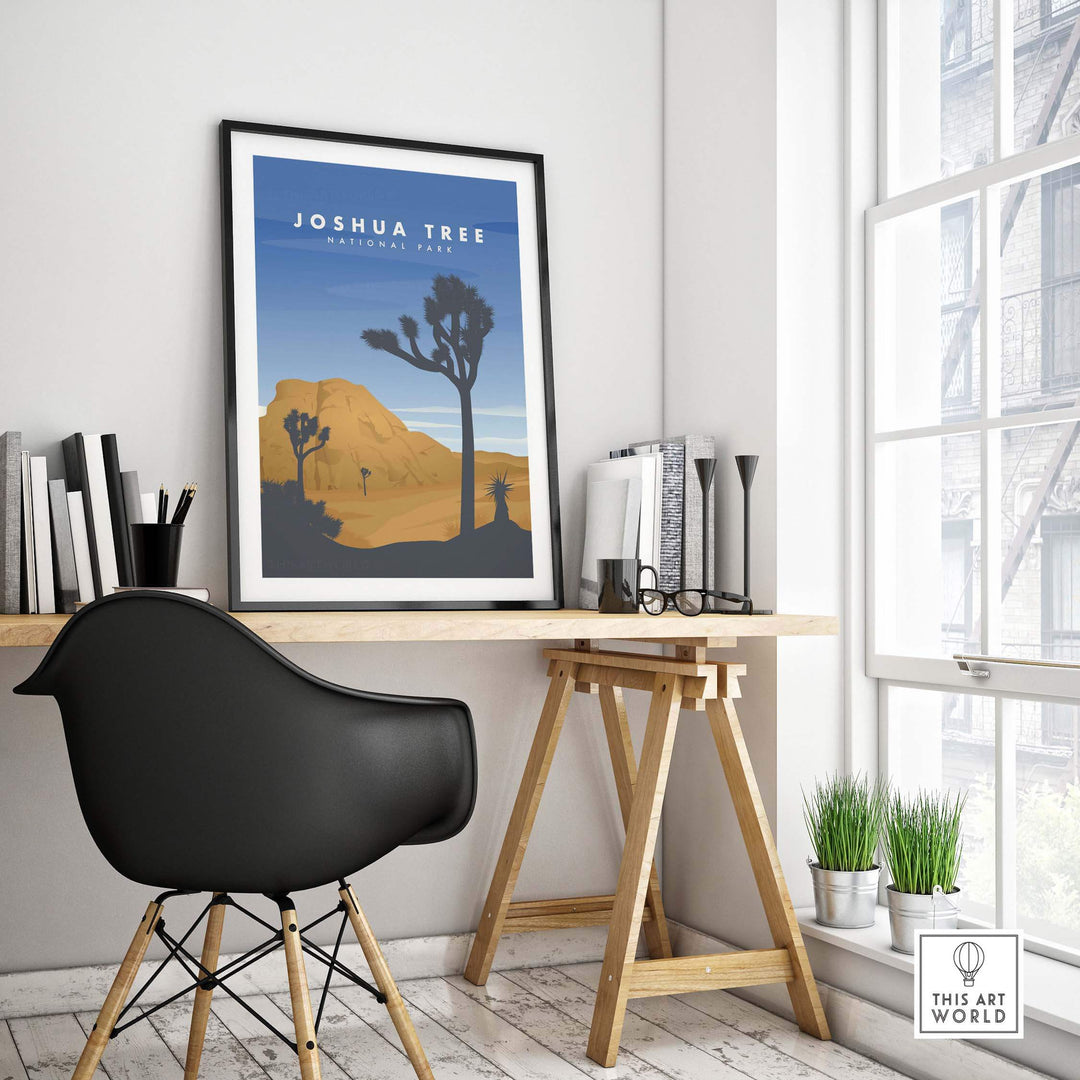 Framed Joshua Tree National Park art print in a modern office setting, showcasing desert landscapes and vintage style.
