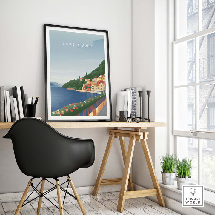 Lake Como Wall Art Poster displayed on a modern desk in a stylish home office setting.