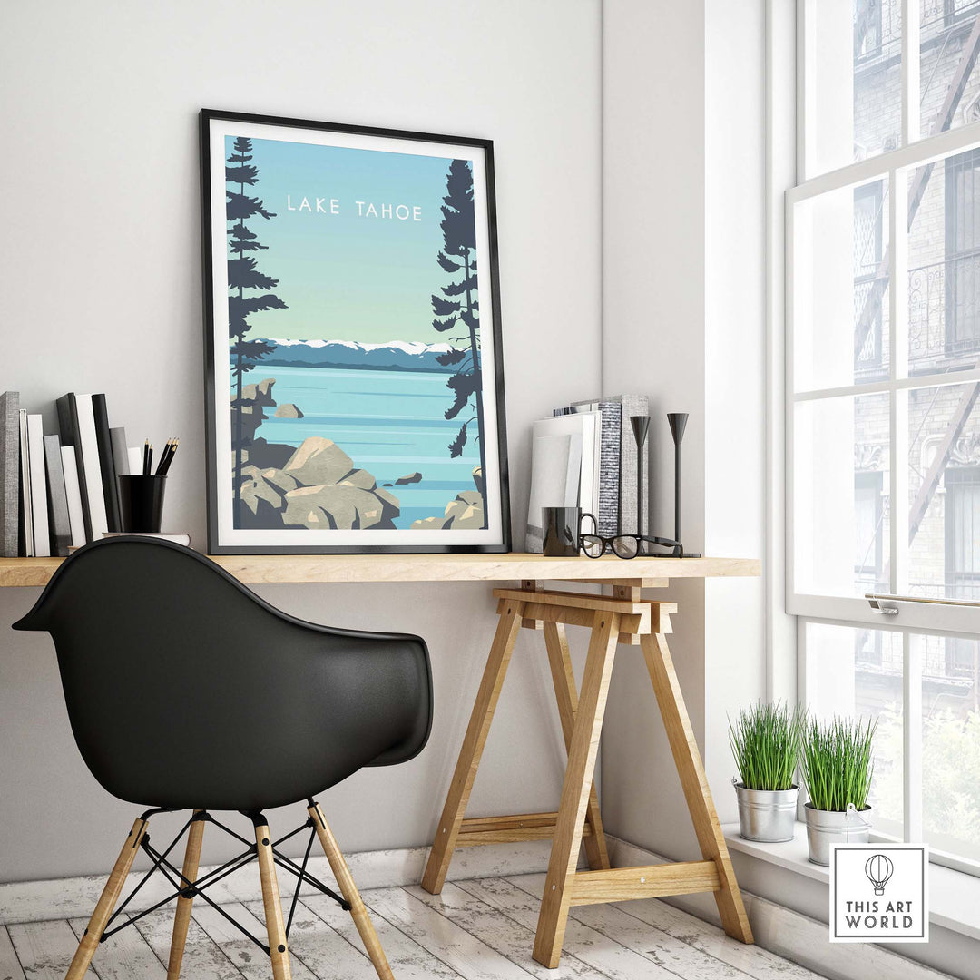 Lake Tahoe print wall art poster displayed in a modern workspace with stylish decor and natural light.