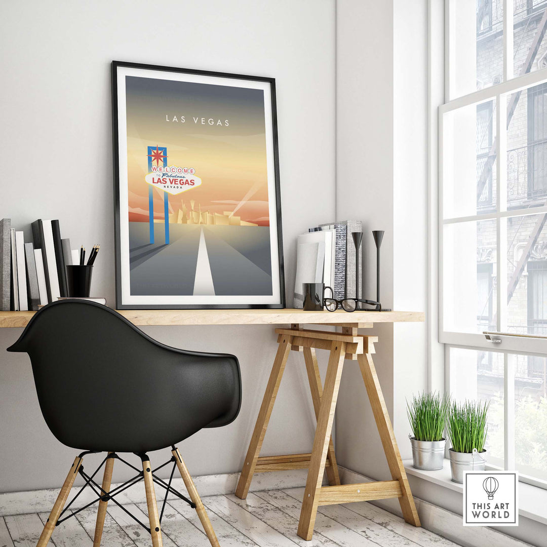 Las Vegas Wall Art Poster featuring the iconic Welcome to Fabulous Las Vegas Sign, displayed stylishly in a modern office interior.