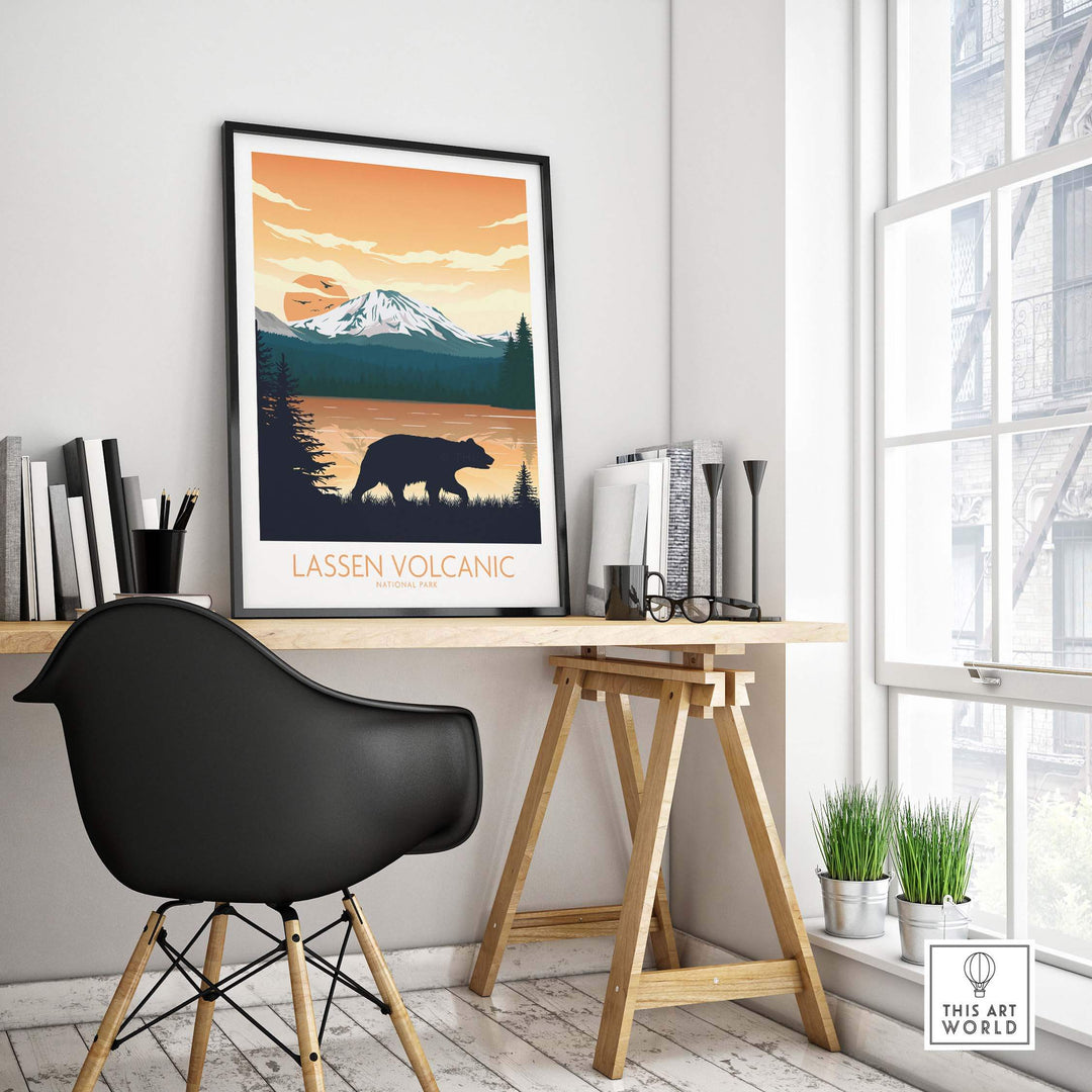 Lassen Volcanic National Park poster displayed in a modern office setting, showcasing bear silhouette and scenic mountains.