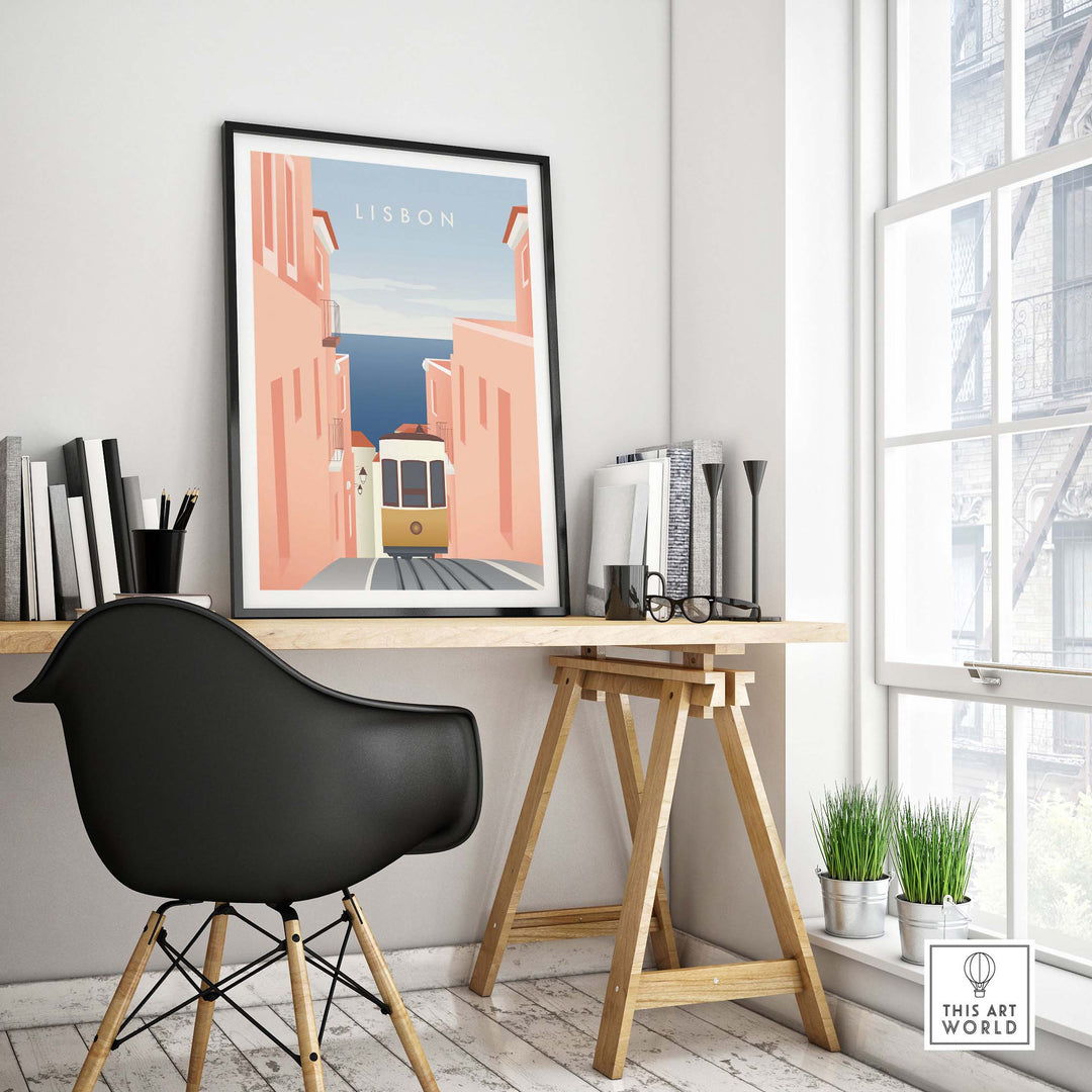 Lisbon wall art poster featuring a charming street scene with a tram, perfect for home decor and travel enthusiasts.