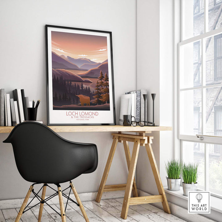 Loch Lomond and The Trossachs Print on a modern desk, showcasing minimalist UK National Park-inspired art.