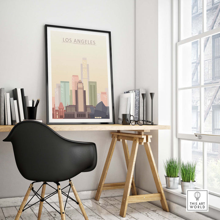 Los Angeles skyline poster displayed in a modern office setting with stylish decor and vibrant pastel colors.