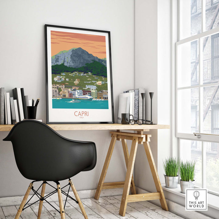 Capri Print travel poster displayed in a stylish home office, showcasing vintage-inspired artwork of Italy.