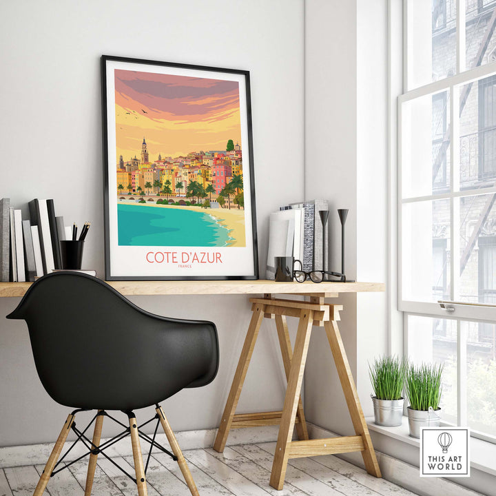 Cote d'Azur travel poster displayed in a stylish home office, capturing the essence of the French Riviera.