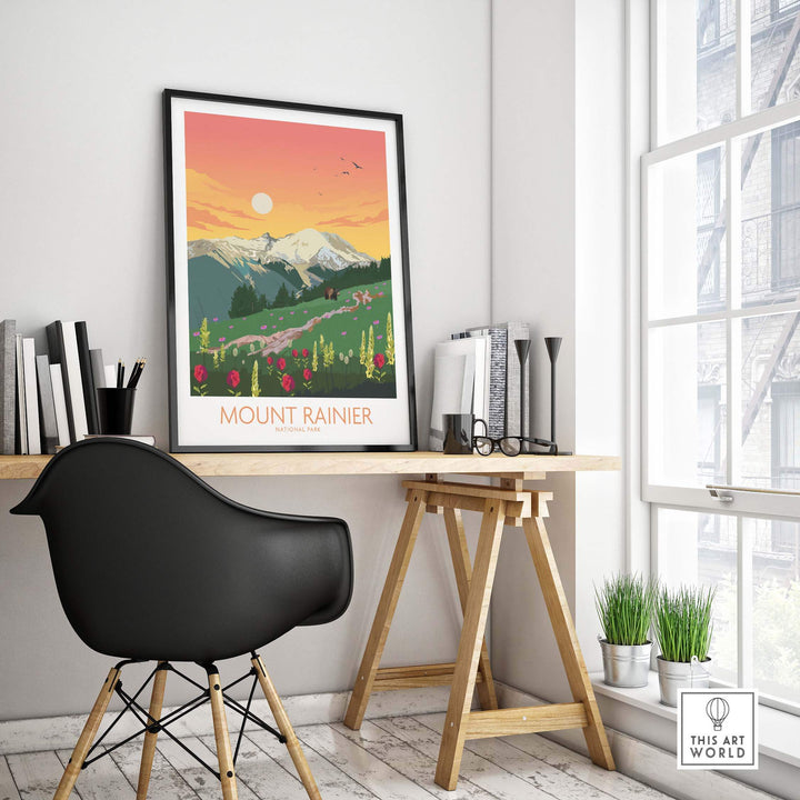 Mount Rainier National Park poster displayed in a stylish office with a modern chair and sunlight streaming through the window.