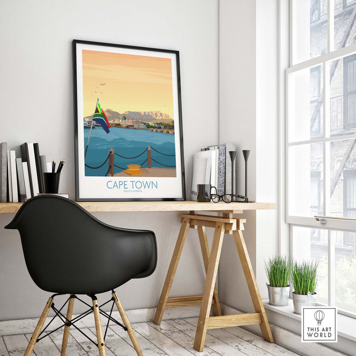 Cape Town print framed on wall above a stylish desk with black chair, showcasing South Africa's beauty and vintage travel charm.