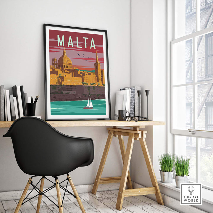 Malta poster print wall art displayed in a modern office, featuring vintage travel design and coastal scenery.