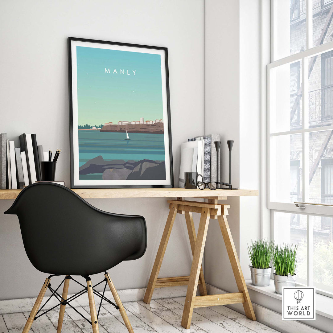 Manly Australia poster print displayed in a modern workspace, featuring coastal scenery and stylish decor.