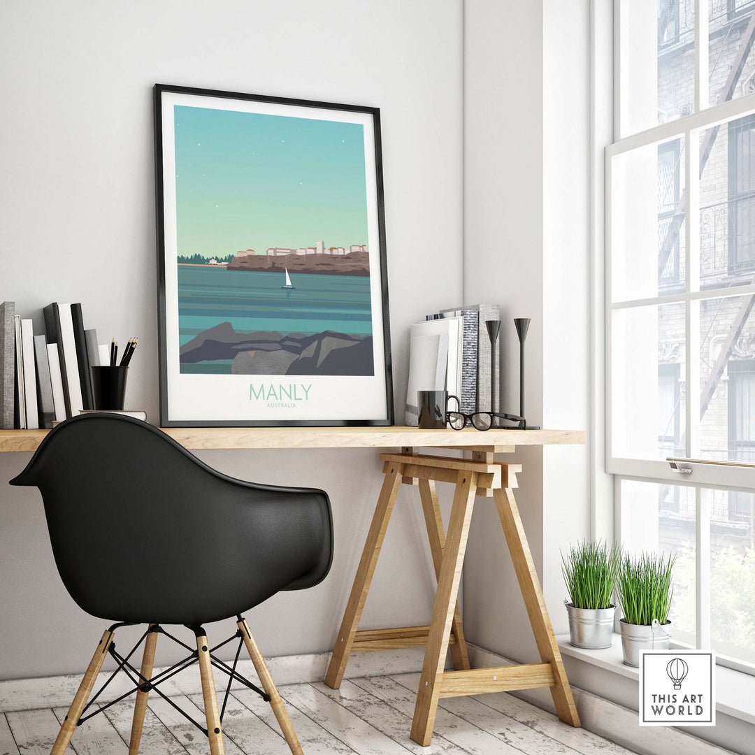 Stylish Manly Wall Art Australia Travel Poster displayed in a modern home office setting.