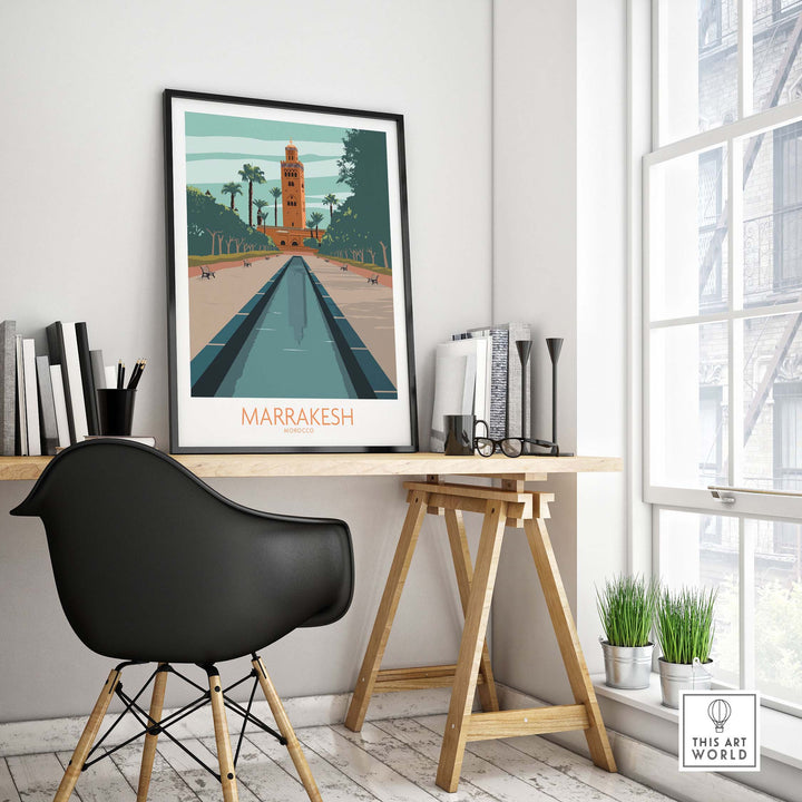 Marrakesh Poster Morocco Wall Art displayed in a stylish office setting, featuring vintage travel poster design.