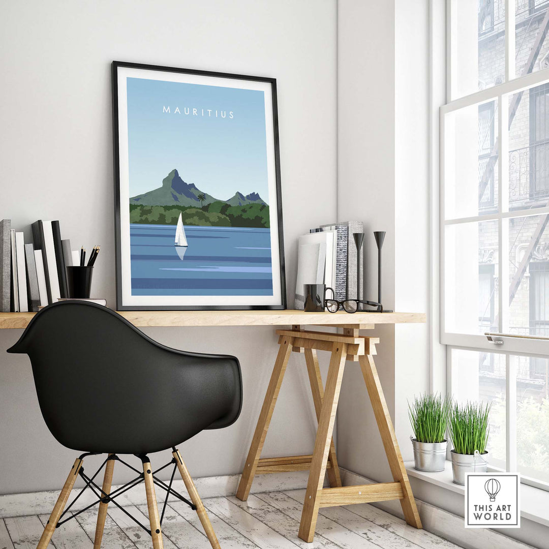 Mauritius travel poster print displayed in a stylish home office, showcasing minimalist design and vintage inspiration.