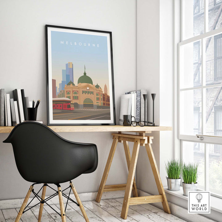 Melbourne wall art print displayed in a stylish office setting, showcasing vintage-inspired design.