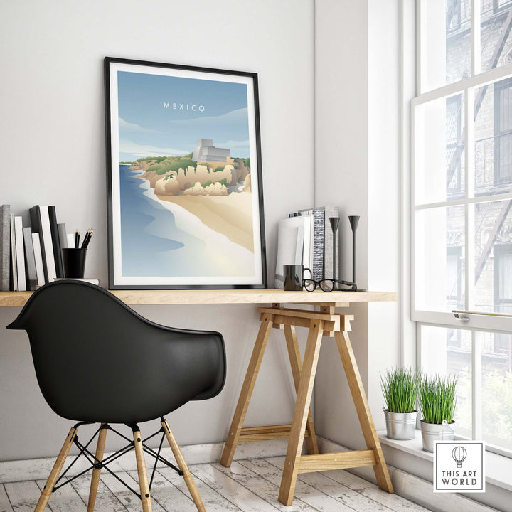 Stylish Mexico wall art poster displayed in a modern home office setting, capturing vintage travel inspiration.