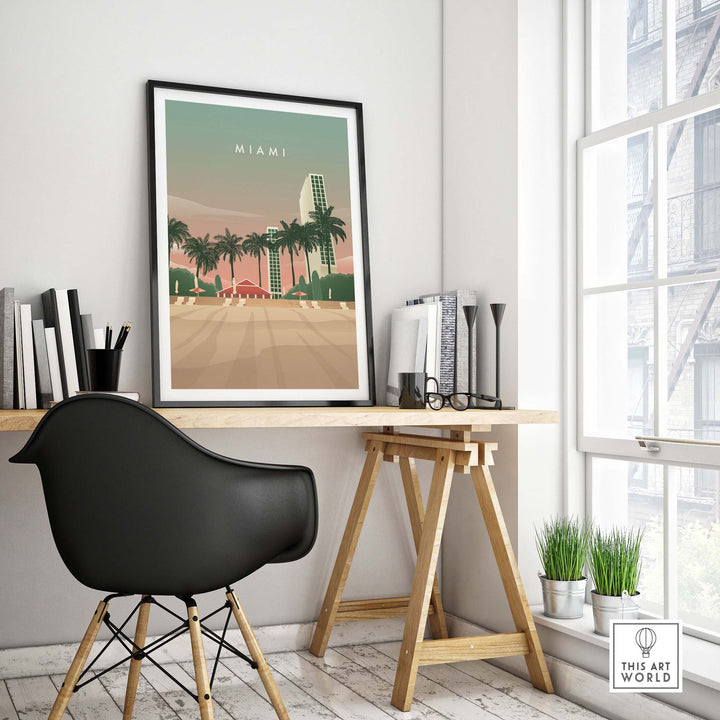 Miami Print Wall Art Poster displayed in a modern home office setting inspired by vintage travel art.