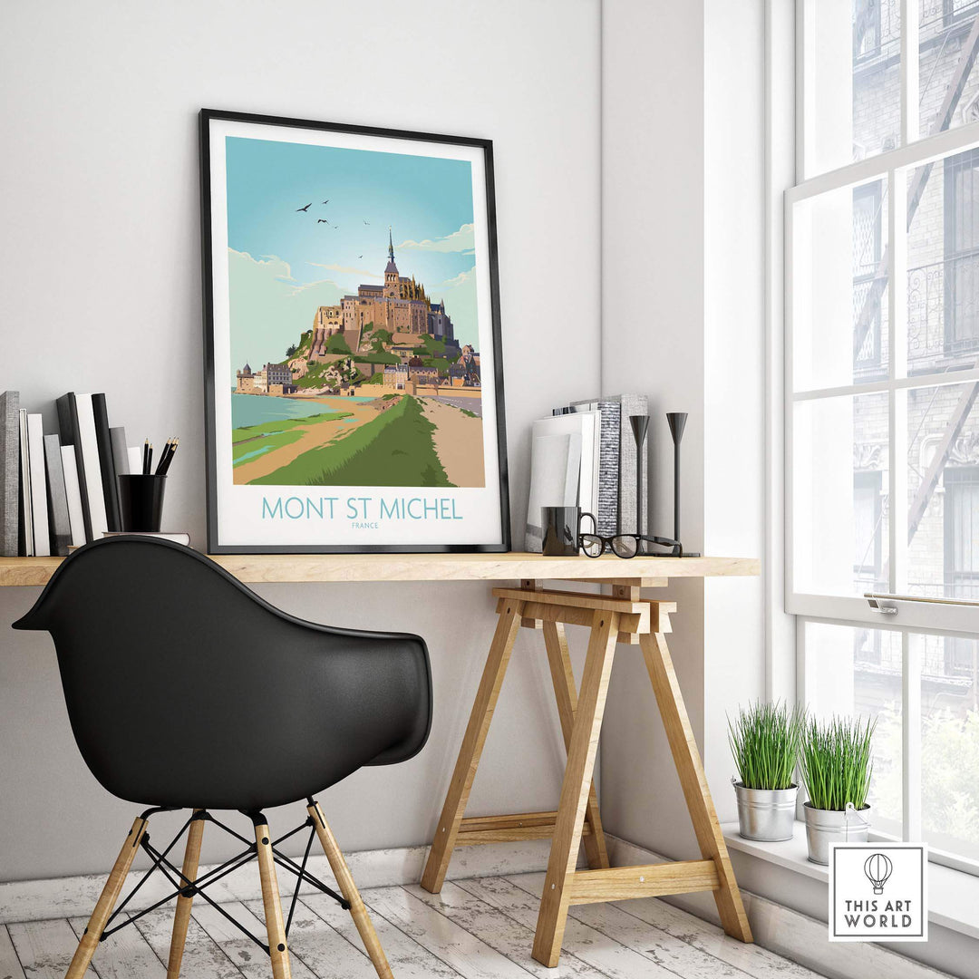 Mont Saint Michel Print displayed in a stylish home office, showcasing vintage travel art inspiration.