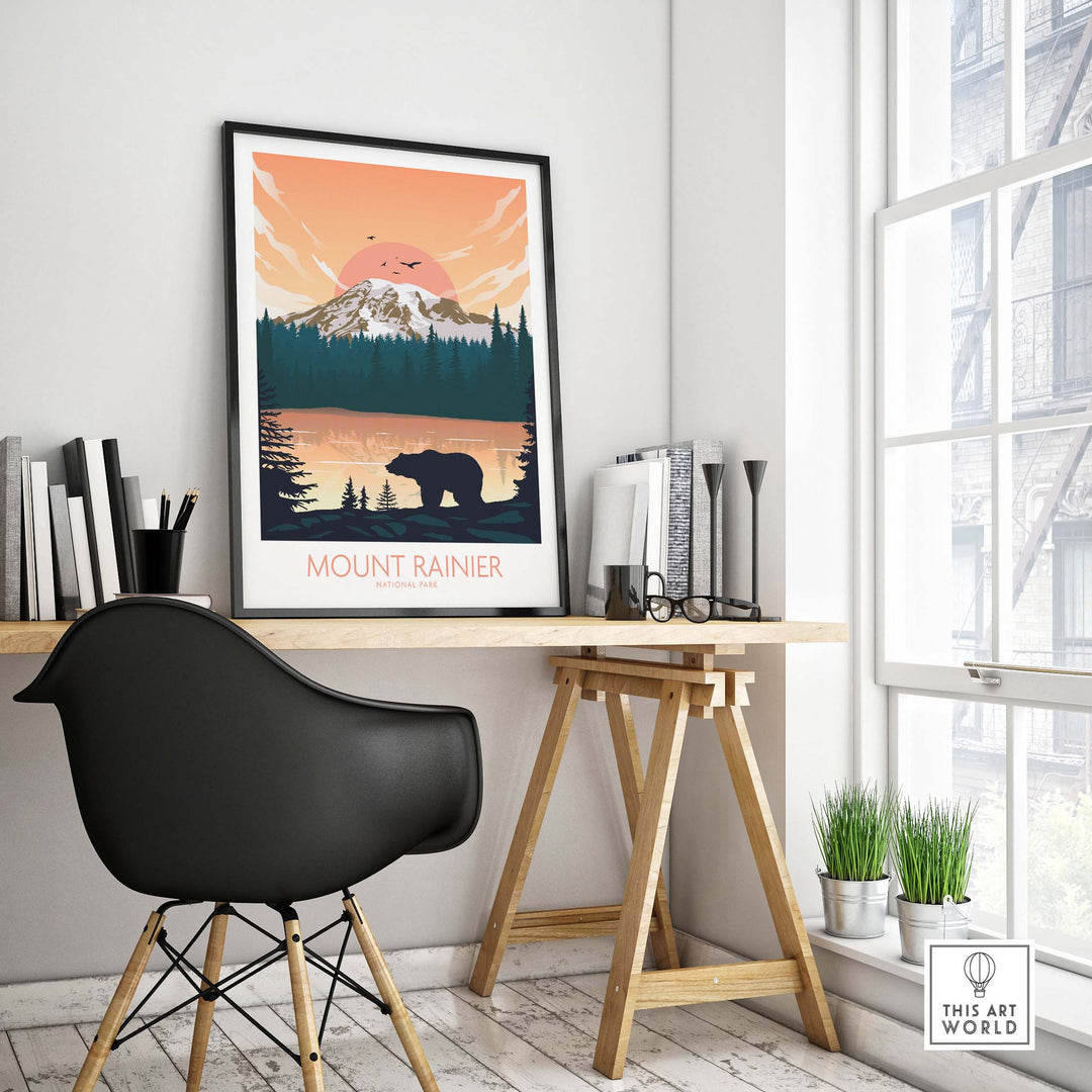 Mount Rainier poster featuring a bear and sunset, displayed in a modern office setting with stylish decor.