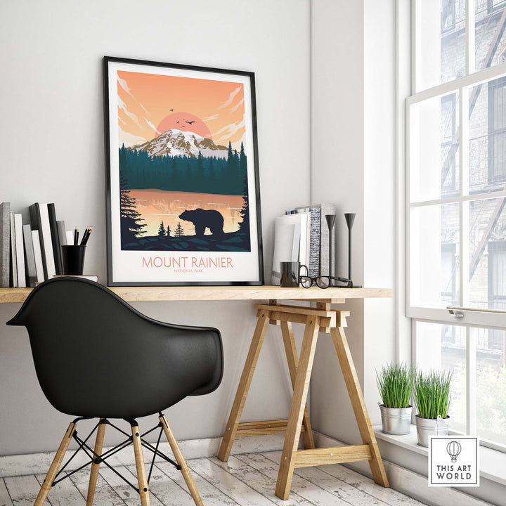 Mount Rainier poster featuring a bear and sunset, displayed in a modern office setting with stylish decor.