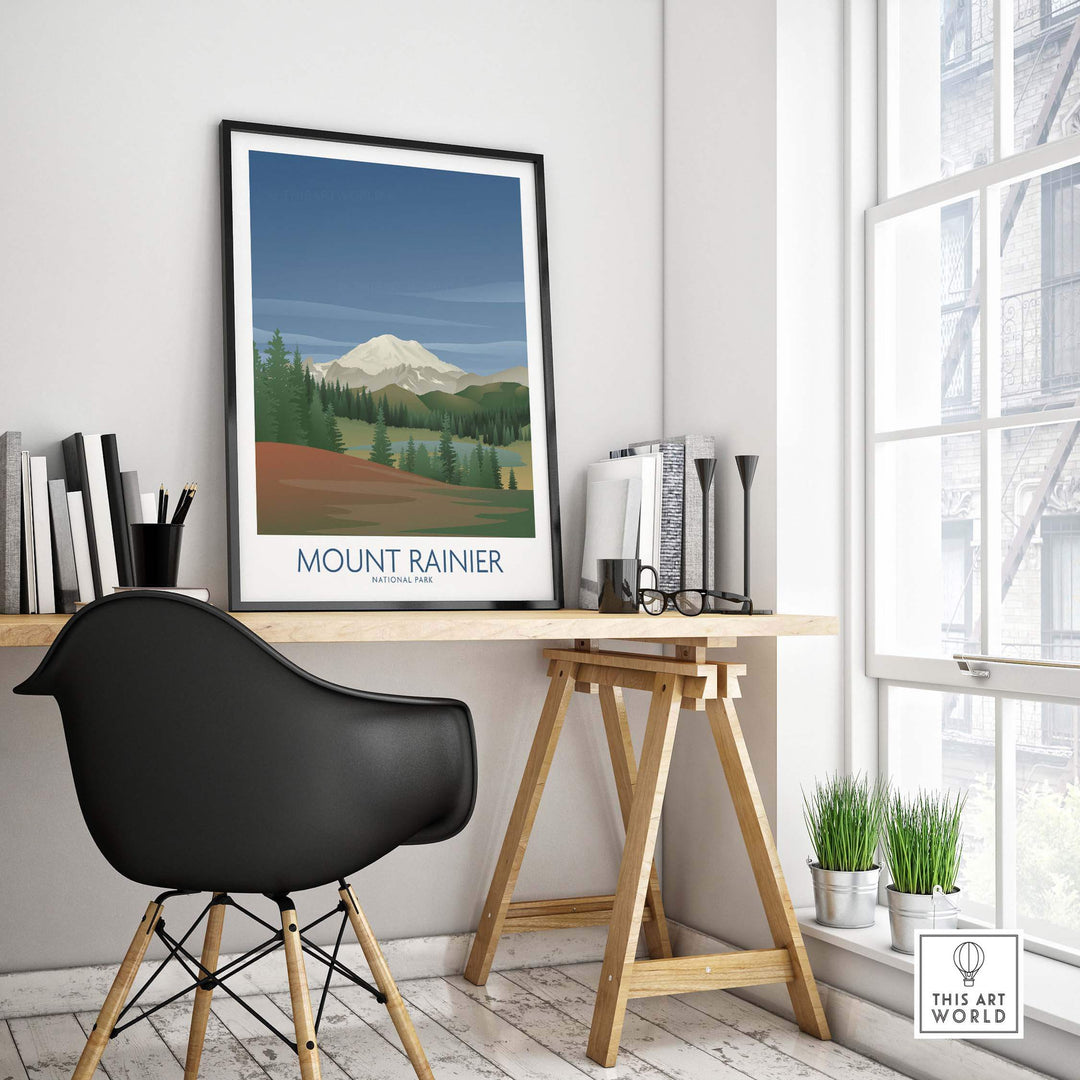 Mount Rainier National Park art print displayed in a stylish office setup with natural light.