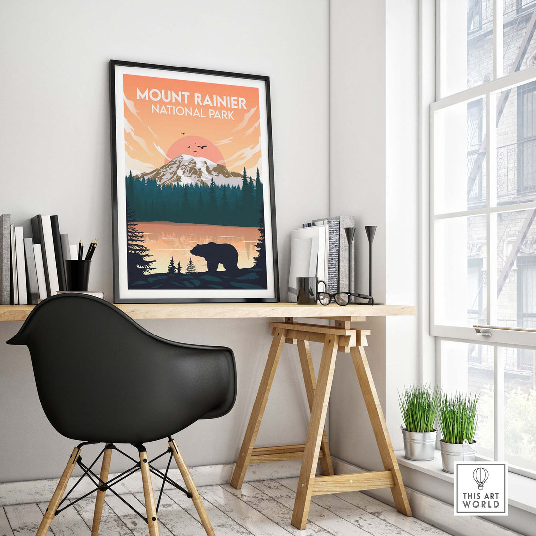 Mount Rainier National Park poster featuring bear and mountains in a minimalist design, ideal for home decor.