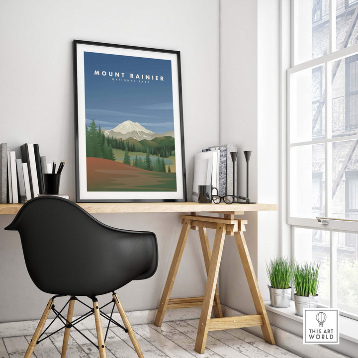 Mount Rainier National Park art print displayed in a modern workspace, showcasing a vintage travel poster design.