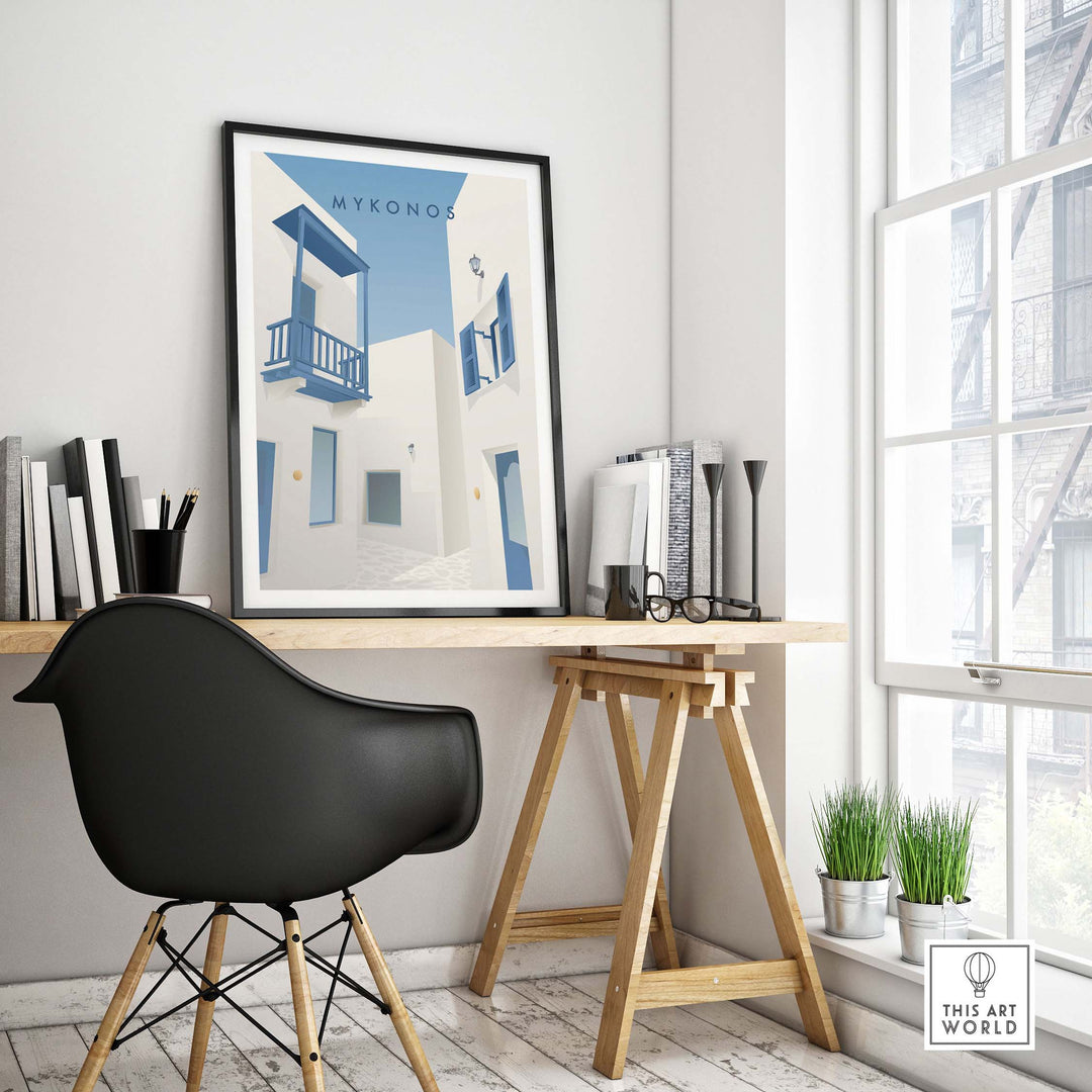 Mykonos wall art poster in a stylish home office setting with modern furniture and natural light.
