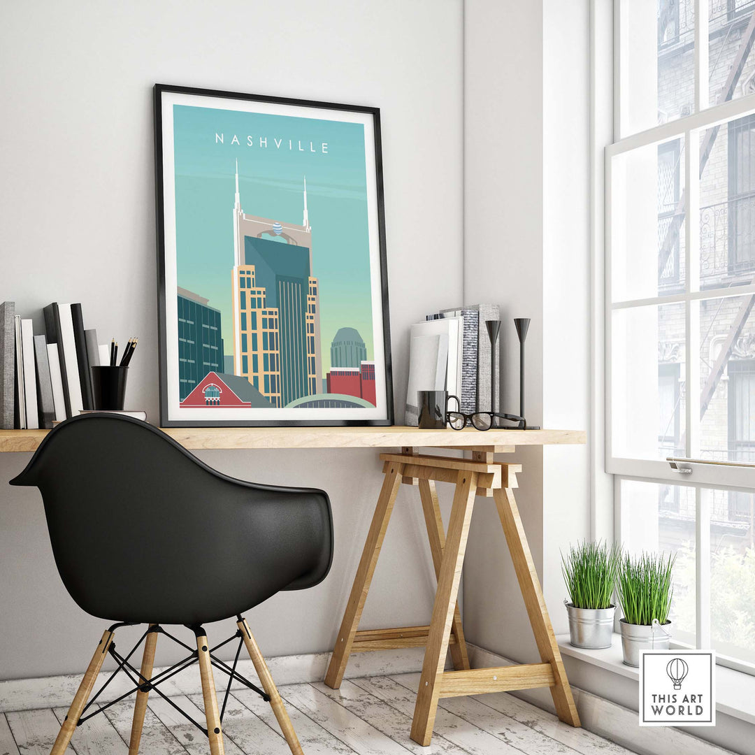 Nashville Art Print in a stylish office setting, showcasing vintage-inspired travel poster design.