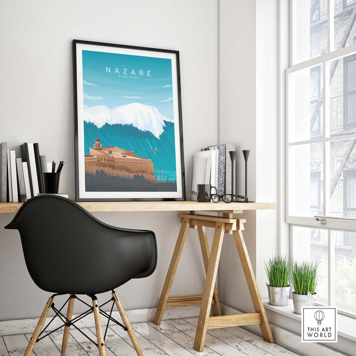 Nazare Travel Poster Print showcasing a coastal scene of Portugal, featured in a modern home office setting.
