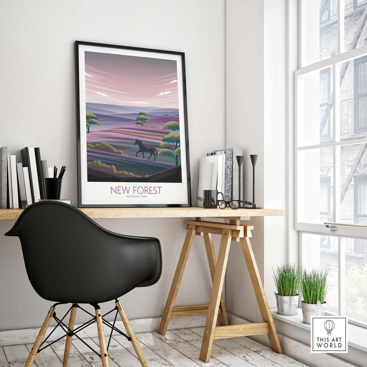 New Forest National Park art print displayed in a stylish office setting featuring a modern minimalist design.