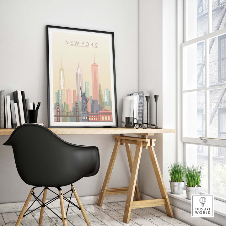 New York City skyline print displayed in a stylish office, featuring iconic buildings in pastel tones.