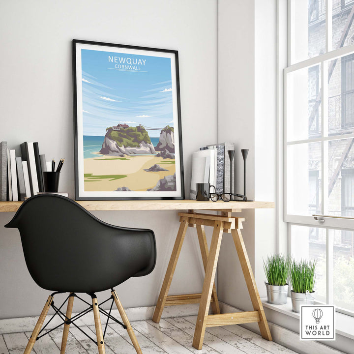 Newquay Print Cornwall Poster displayed in a stylish office setting, showcasing vintage travel art.