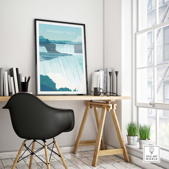Niagara Falls Print Wall Art Poster in a stylish room setting, showcasing vintage-inspired travel art.