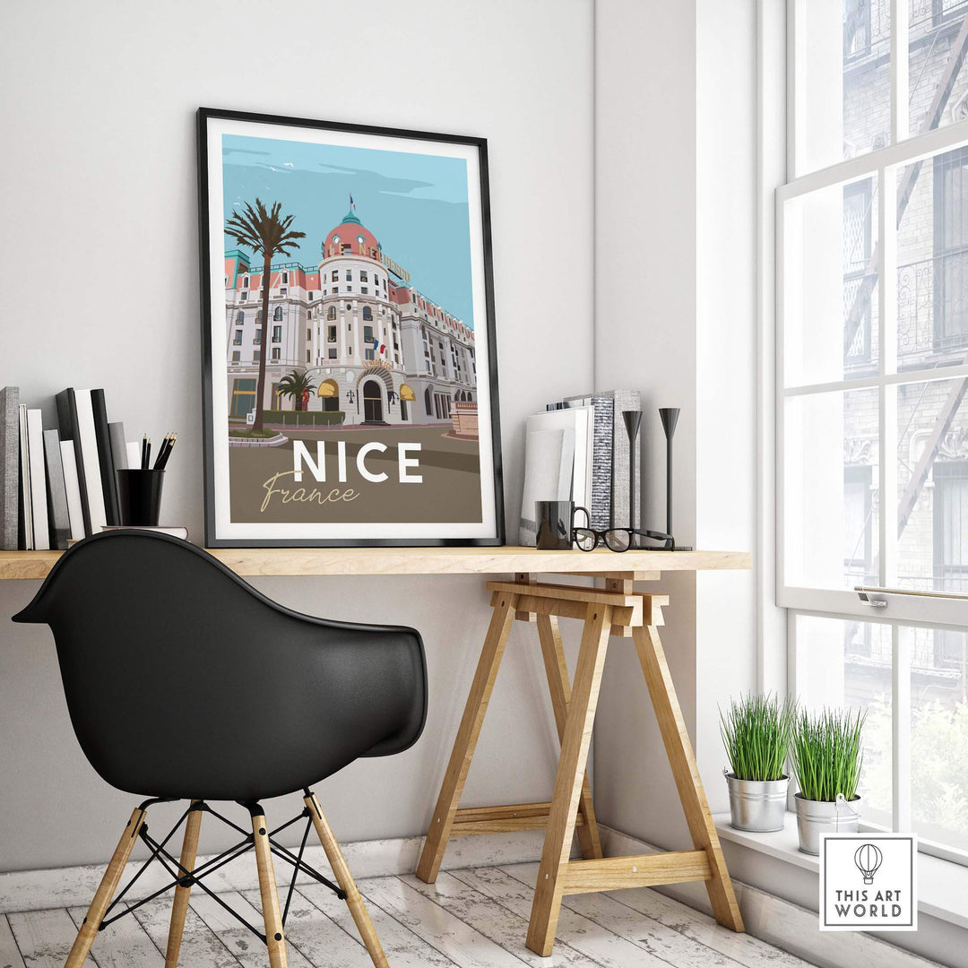 Nice France print poster wall art displayed on a desk in a stylish home office setting.