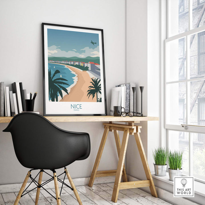 Nice France travel poster displayed in a stylish home office setting, featuring coastal scenery and vintage design.