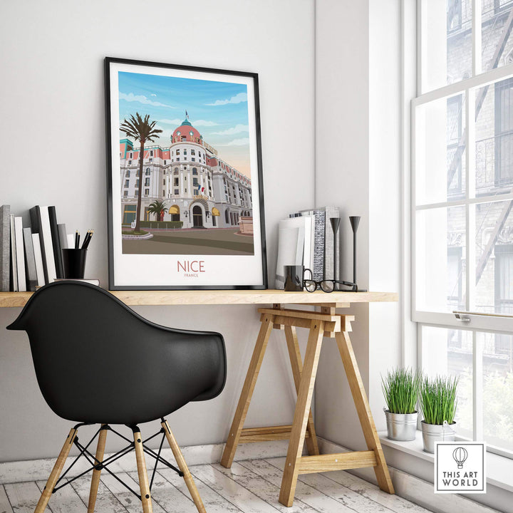 Nice France Travel Print framed on a modern workspace, showcasing vintage style art for wanderlust decor.