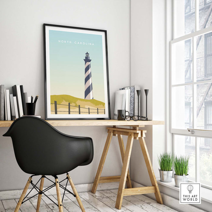 North Carolina travel poster print in a chic home office setting with stylish desk and black chair.
